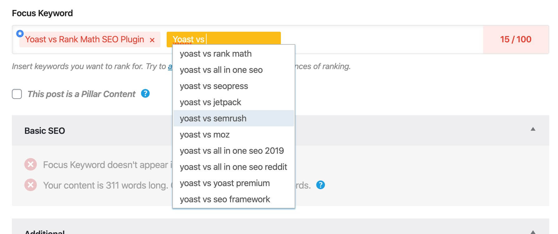 focus keyword in rank math