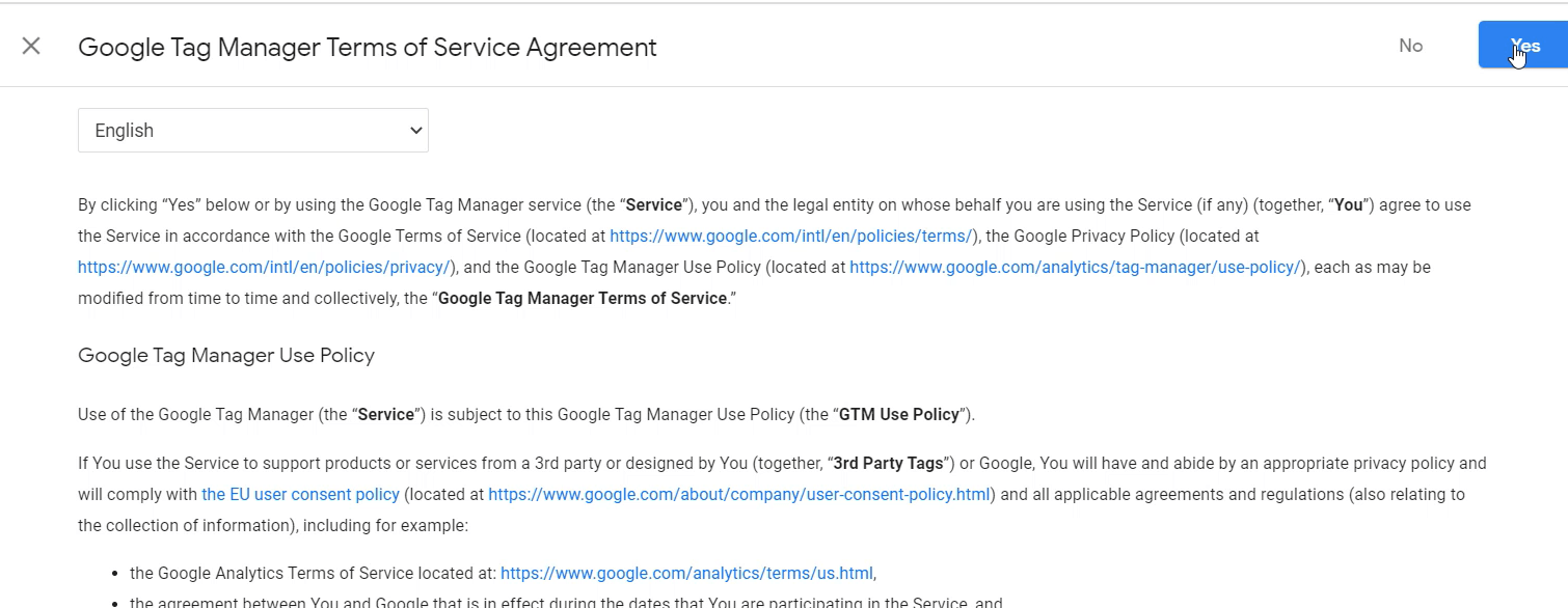 google tag manager terms of services