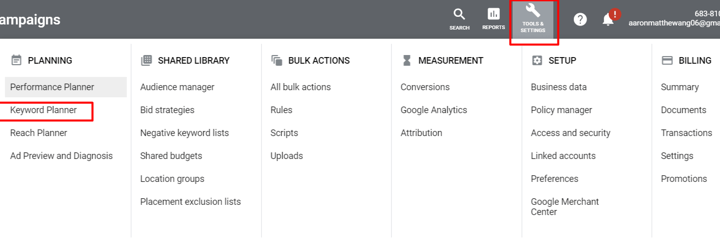 keyword planner option in setting