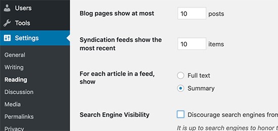 wordpress resding setting screenshot