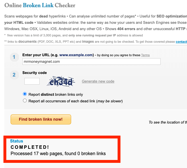 online broken link checker status