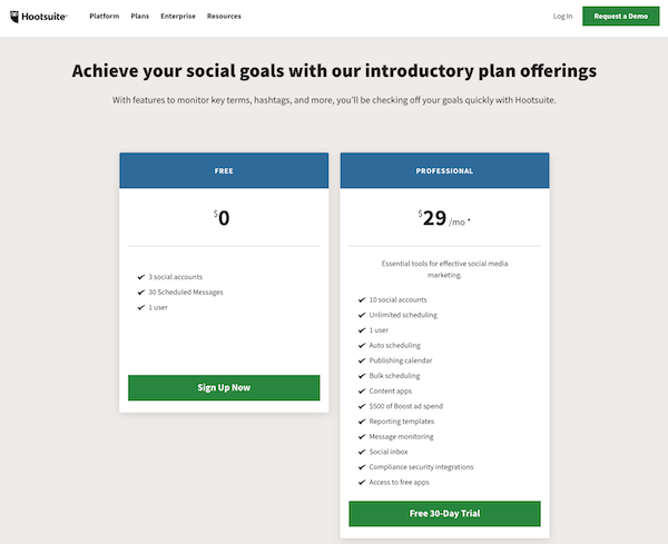 Hotsuite pricing page