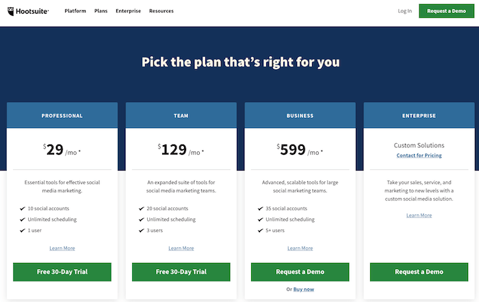 Hootsuite Pricing page